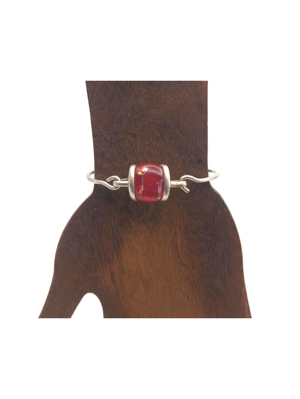 VTG Silver Tone and Wire Wrapped Red Art Glass Bracelet with Hook Clasp.